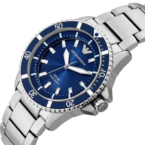 ar11697 emporio armani watch 100m 330ft men solar powered blue dial metal stainless steel silver strap quartz analog world explorer 3