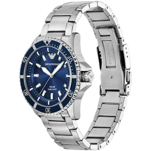 ar11697 emporio armani watch 100m 330ft men solar powered blue dial metal stainless steel silver strap quartz analog world explorer 4