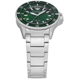 ar11698 emporio armani watch 100m 330ft men solar powered green dial metal stainless steel silver strap quartz analog world explorer 2