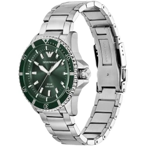 ar11698 emporio armani watch 100m 330ft men solar powered green dial metal stainless steel silver strap quartz analog world explorer 3
