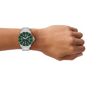 ar11698 emporio armani watch 100m 330ft men solar powered green dial metal stainless steel silver strap quartz analog world explorer 9