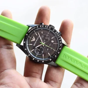 ar6115 emporio armani watch men black dial rubber green strap quartz battery analog chronograph tazio large 4