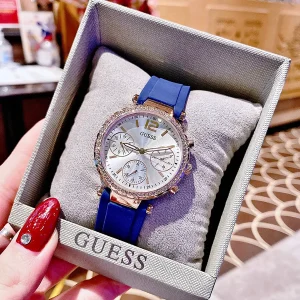 gw0113l3 guess watch women silver dial rubber blue strap quartz battery analog crystals solstice 4