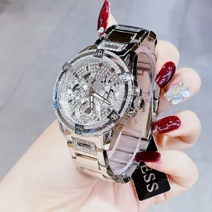 gw0464l1 guess watch women crystals silver dial metal stainless steel strap quartz battery analog crystal queen 11
