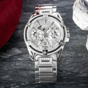 gw0464l1 guess watch women crystals silver dial metal stainless steel strap quartz battery analog crystal queen 14