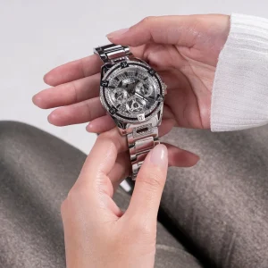 gw0464l1 guess watch women crystals silver dial metal stainless steel strap quartz battery analog crystal queen 8