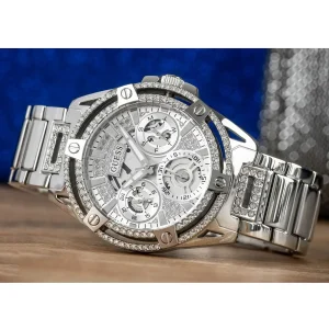 gw0464l1 guess watch women crystals silver dial metal stainless steel strap quartz battery analog crystal queen 9