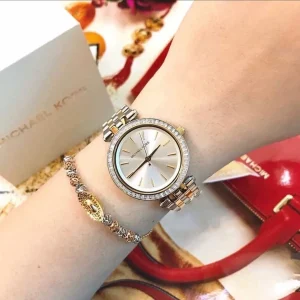 mk3405 michael kors watch women silver dial metal stainless steel gold strap quartz battery analog three hand darci mini 10