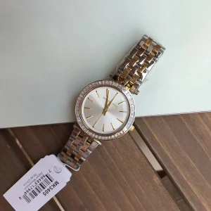 mk3405 michael kors watch women silver dial metal stainless steel gold strap quartz battery analog three hand darci mini 7