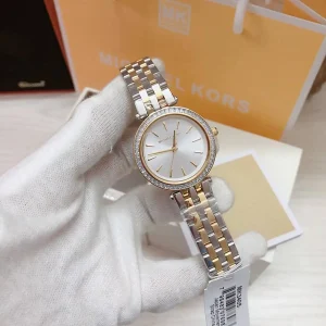 mk3405 michael kors watch women silver dial metal stainless steel gold strap quartz battery analog three hand darci mini 8