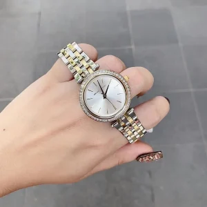 mk3405 michael kors watch women silver dial metal stainless steel gold strap quartz battery analog three hand darci mini 9