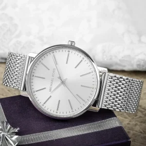 mk4338 michael kors watch women silver dial metal stainless steel mesh strap quartz battery analog three hand pyper 15