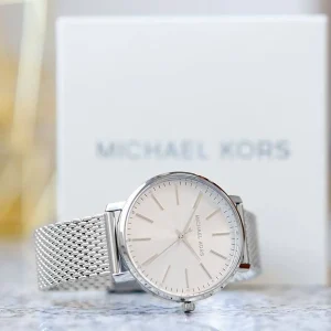 mk4338 michael kors watch women silver dial metal stainless steel mesh strap quartz battery analog three hand pyper 21