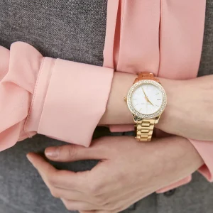 mk4555 michael kors watch women crystals white dial metal stainless steel gold strap quartz battery analog three hand liliane 10
