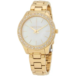 mk4555 michael kors watch women crystals white dial metal stainless steel gold strap quartz battery analog three hand liliane 2