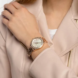 mk4555 michael kors watch women crystals white dial metal stainless steel gold strap quartz battery analog three hand liliane 8
