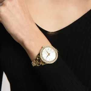 mk4555 michael kors watch women crystals white dial metal stainless steel gold strap quartz battery analog three hand liliane 9
