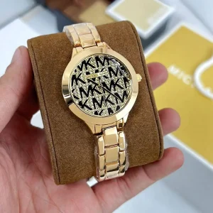 mk4659 michael kors watch women mk logo crystals gold dial metal stainless steel golden strap quartz battery analog three hand runway 10