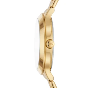 mk4659 michael kors watch women mk logo crystals gold dial metal stainless steel golden strap quartz battery analog three hand runway 4