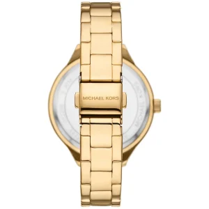 mk4659 michael kors watch women mk logo crystals gold dial metal stainless steel golden strap quartz battery analog three hand runway 5