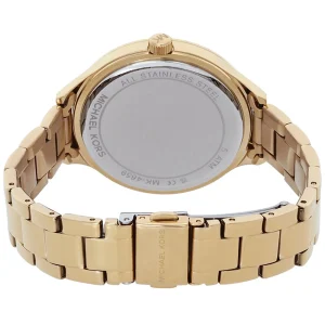 mk4659 michael kors watch women mk logo crystals gold dial metal stainless steel golden strap quartz battery analog three hand runway 6