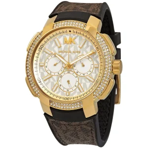 mk6948 michael kors chronograph watch women silver dial polyurethane chloride brown strap quartz battery analog crystals sidney 2