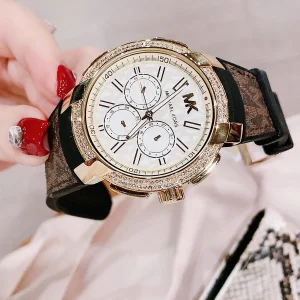 mk6948 michael kors chronograph watch women silver dial polyurethane chloride brown strap quartz battery analog crystals sidney 7