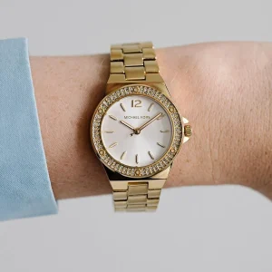 mk7278 michael kors watch women crystals white dial metal stainless steel gold strap quartz battery analog three hand lennox 11