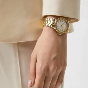 mk7278 michael kors watch women crystals white dial metal stainless steel gold strap quartz battery analog three hand lennox 14