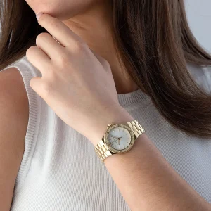 mk7278 michael kors watch women crystals white dial metal stainless steel gold strap quartz battery analog three hand lennox 15