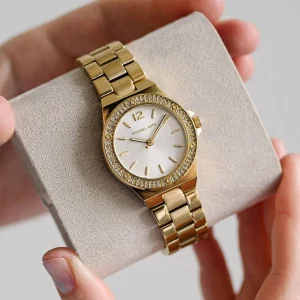 mk7278 michael kors watch women crystals white dial metal stainless steel gold strap quartz battery analog three hand lennox 17