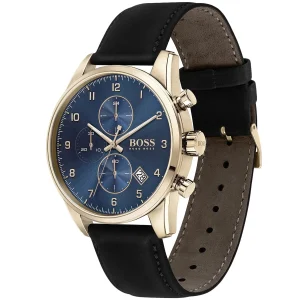 1513783 hugo boss watch men blue dial leather black strap quartz battery analog chronograph skymaster 2