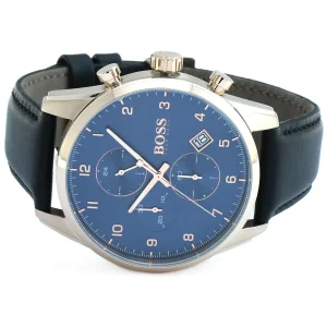 1513783 hugo boss watch men blue dial leather black strap quartz battery analog chronograph skymaster 5