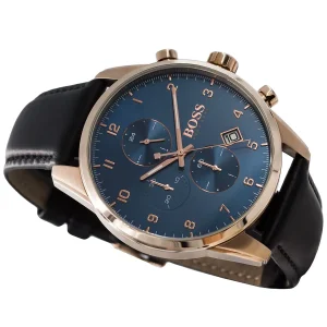 1513783 hugo boss watch men blue dial leather black strap quartz battery analog chronograph skymaster 7