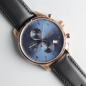 1513783 hugo boss watch men blue dial leather black strap quartz battery analog chronograph skymaster 8