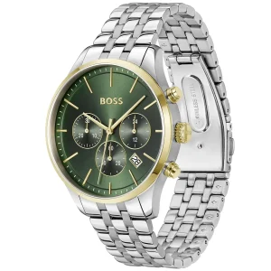 1514159 hugo boss watch men green dial stainless steel metal silver strap quartz battery analog chronograph avery 2