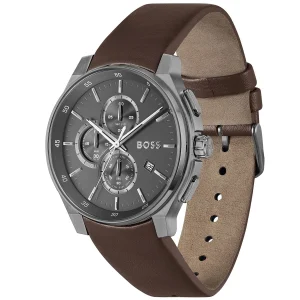 1514187 hugo boss watch men gray dial leather brown strap quartz battery analog chronograph peak 2
