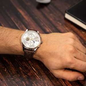 1710501 tommy hilfiger watch men silver dial leather brown strap quartz battery analog weston 10