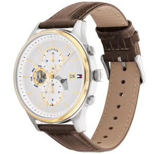 1710501 tommy hilfiger watch men silver dial leather brown strap quartz battery analog weston 3