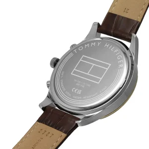 1710501 tommy hilfiger watch men silver dial leather brown strap quartz battery analog weston 5