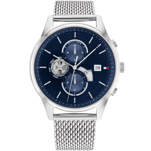 1710504 tommy hilfiger watch men blue dial mesh metal stainless steel silver strap quartz battery analog weston