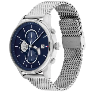 1710504 tommy hilfiger watch men blue dial mesh metal stainless steel silver strap quartz battery analog weston 3