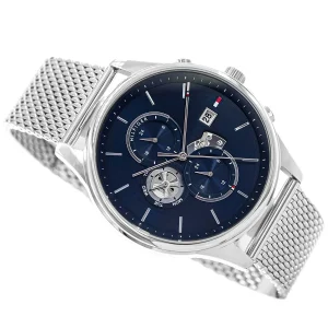 1710504 tommy hilfiger watch men blue dial mesh metal stainless steel silver strap quartz battery analog weston 5