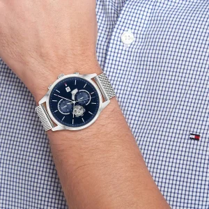 1710504 tommy hilfiger watch men blue dial mesh metal stainless steel silver strap quartz battery analog weston 7