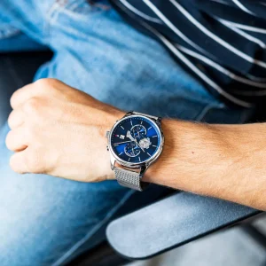 1710504 tommy hilfiger watch men blue dial mesh metal stainless steel silver strap quartz battery analog weston 8
