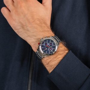 1791228 tommy hilfiger watch men blue dial stainless steel metal silver strap quartz analog day date month hudson 5