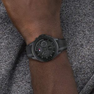 1791861 tommy hilfiger watch men black dial rubber strap quartz battery analog monthly weekly date aiden 12