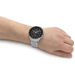 1791967 tommy hilfiger watch men black dial metal stainless steel silver strap quartz analog chronograph 5atm 165feet water resistant owen 7
