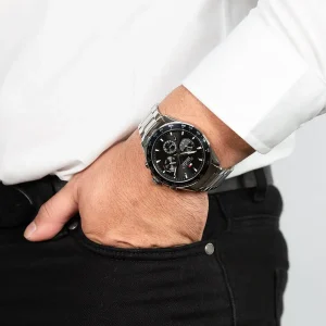 1791967 tommy hilfiger watch men black dial metal stainless steel silver strap quartz analog chronograph 5atm 165feet water resistant owen 8
