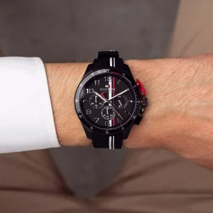 1792168 tommy hilfiger watch chronograph men black dial rubber strap quartz analog bank 10
